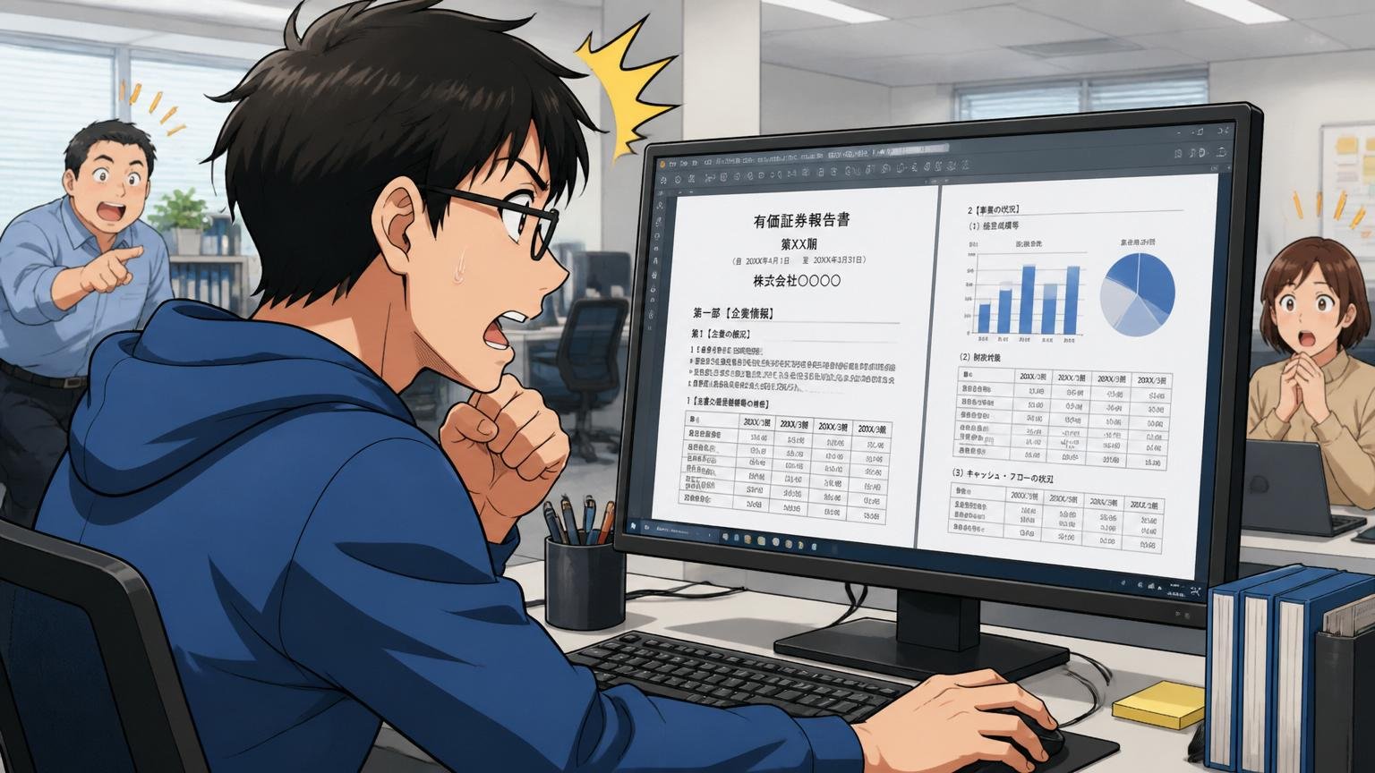 企業のオフィスでエンジニアが有価証券報告書のPDFをモニターで分析している