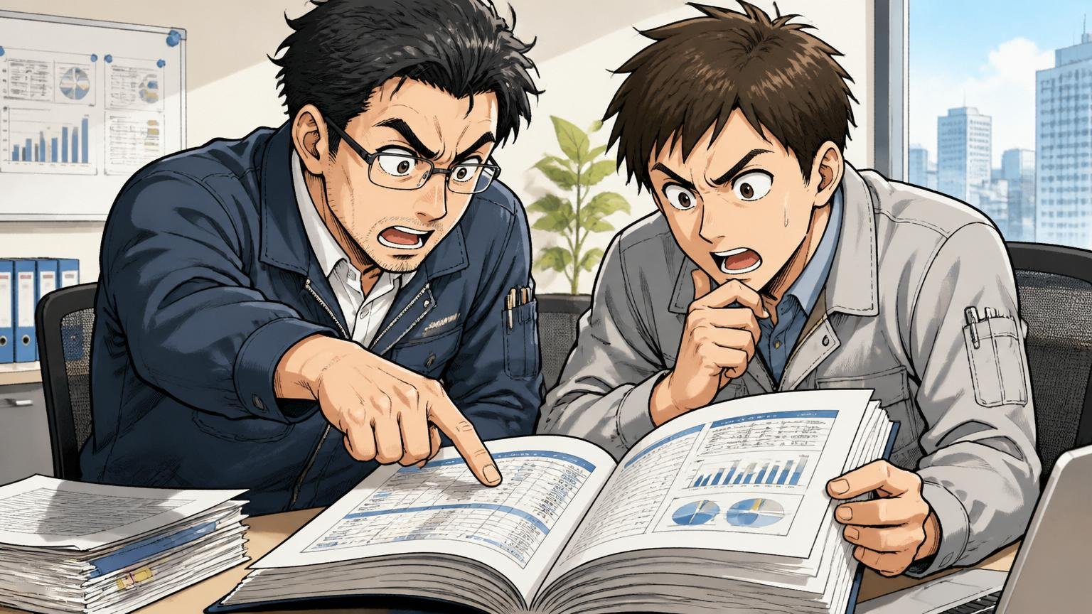企業の会議室で有価証券報告書を開いて確認するエンジニア2人が数字を指さして議論