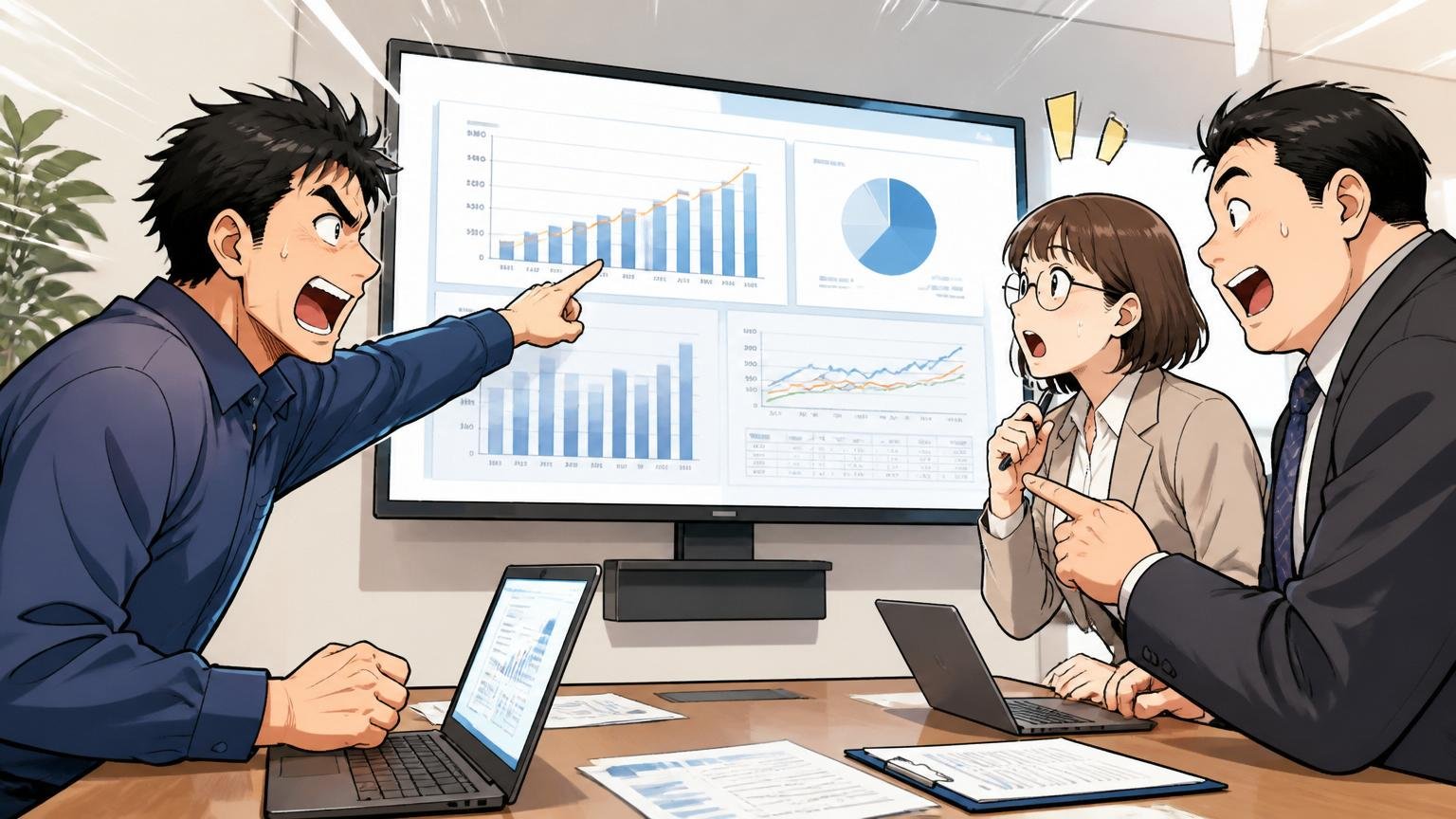 企業の会議室で、エンジニアと採用担当者2人が大きなモニターに有価証券報告書のグラフを表示して指差し確認する
