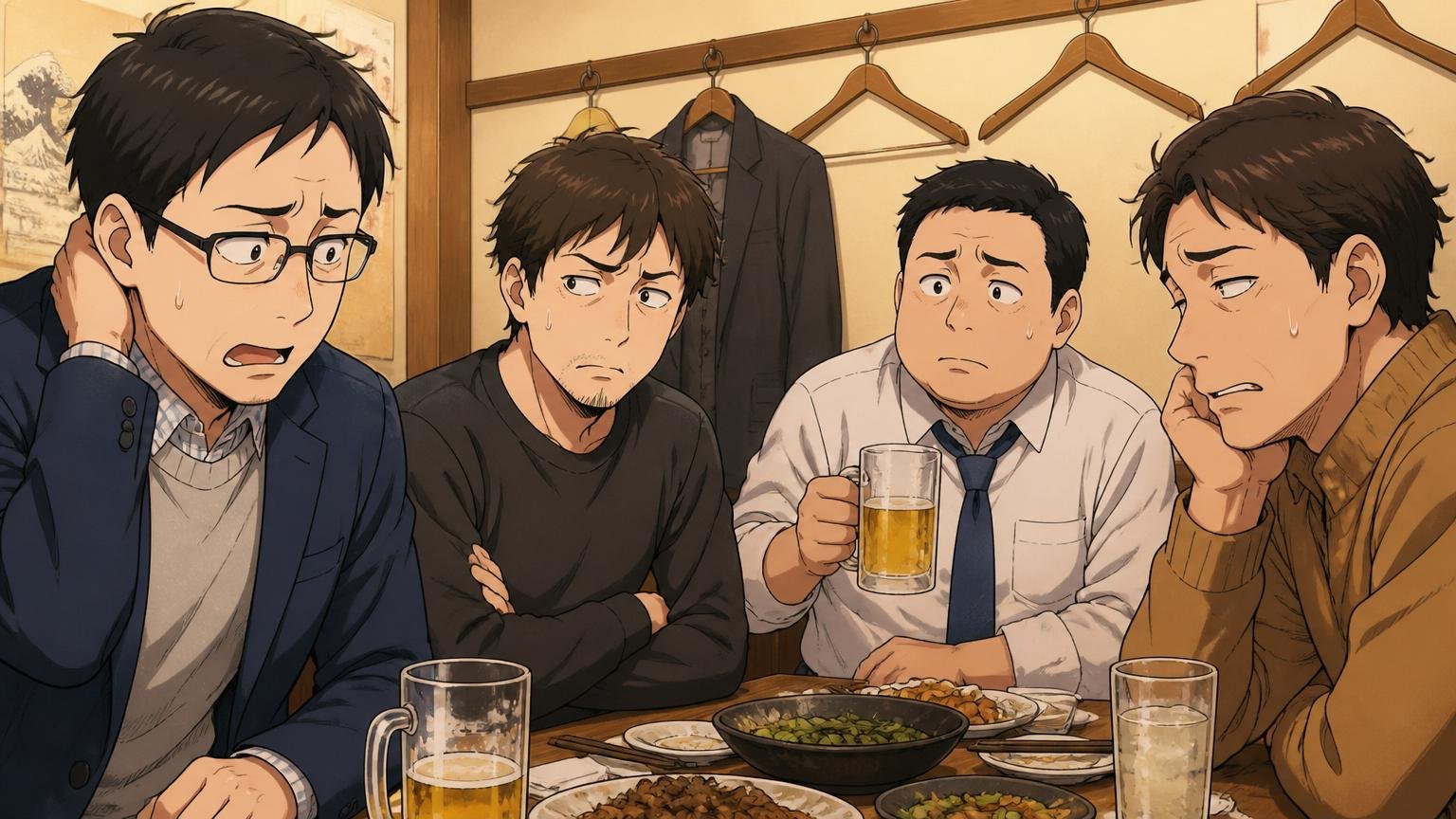 居酒屋で同期会に参加する30代男性エンジニアたちが年収の話題で気まずい空気になる場面