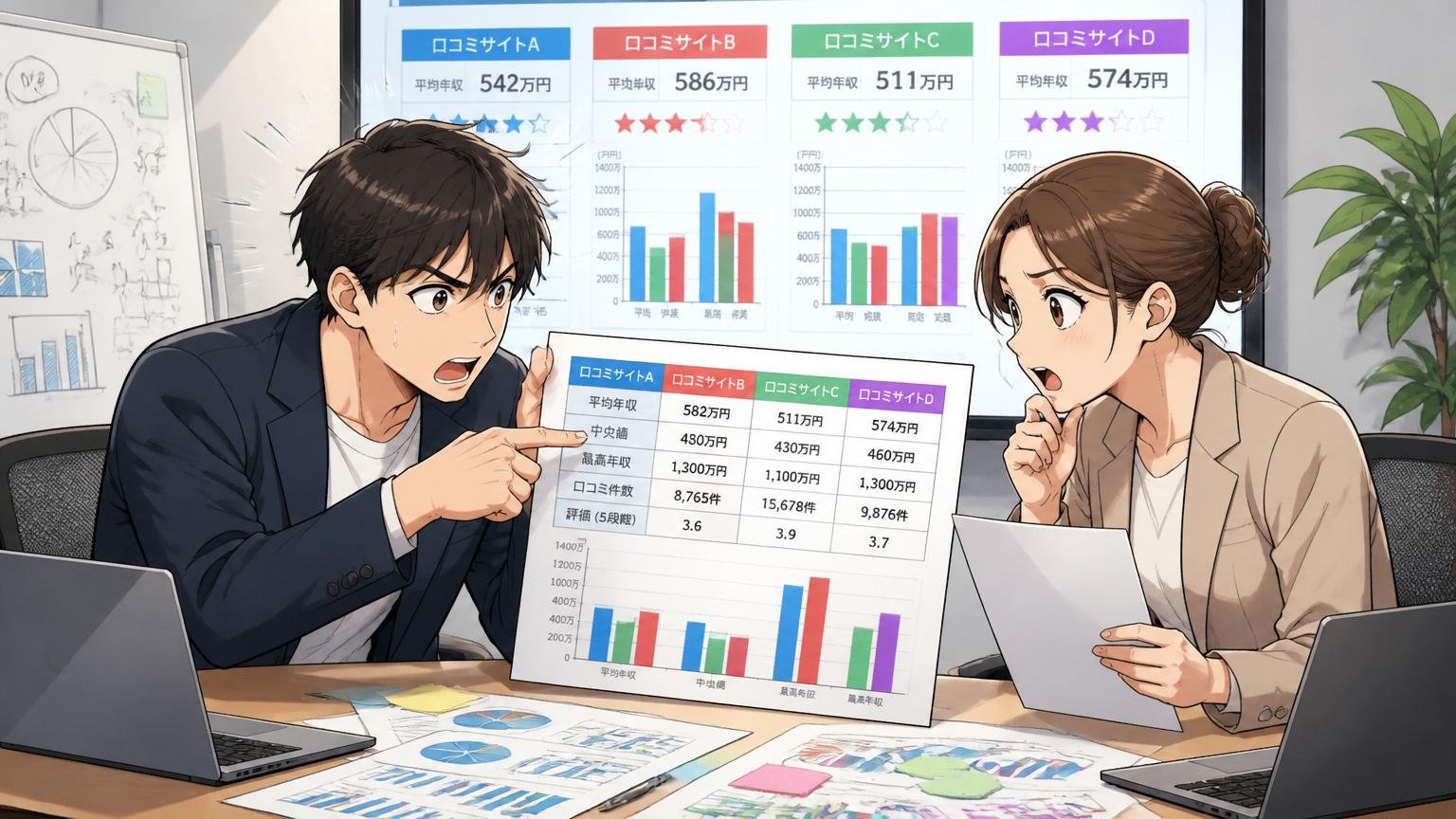 企業の会議室で複数の口コミサイトの年収データを比較分析する20代後半男女2人