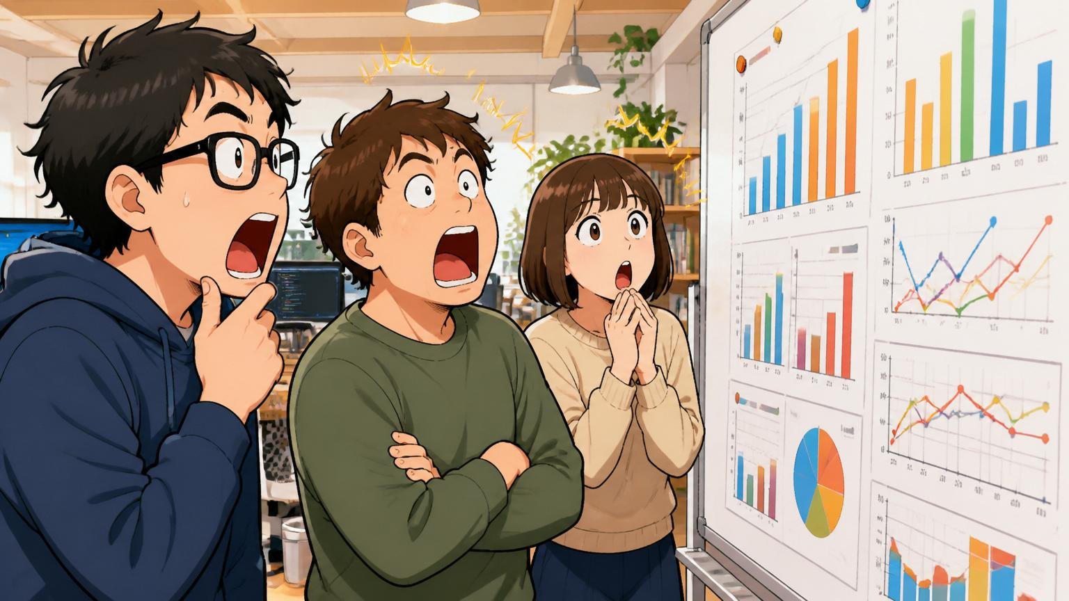 Web系自社開発企業の年収を比較するWeb系スタートアップのオフィスでホワイトボードを見上げる3人のエンジニア驚いた表情
