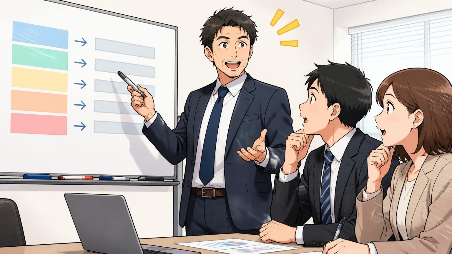 企業の会議室で年収レンジが書かれたホワイトボードを前に説明する40代男性、聞き入る30代社員2名