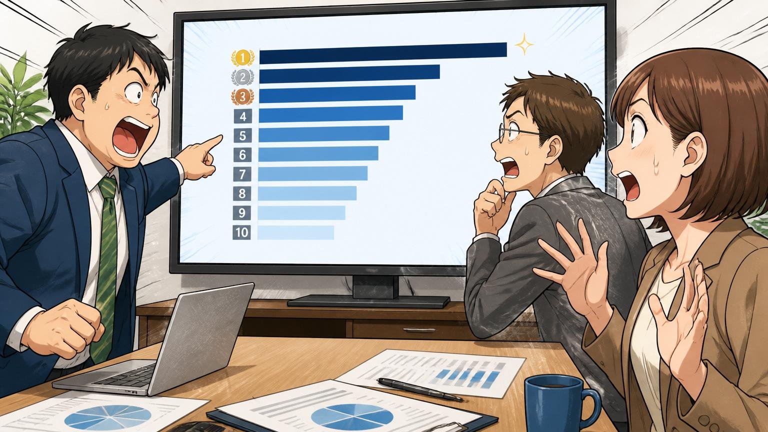 シンクタンク業界の年収ランキングを大型モニターに映し議論する3名のオフィスシーン