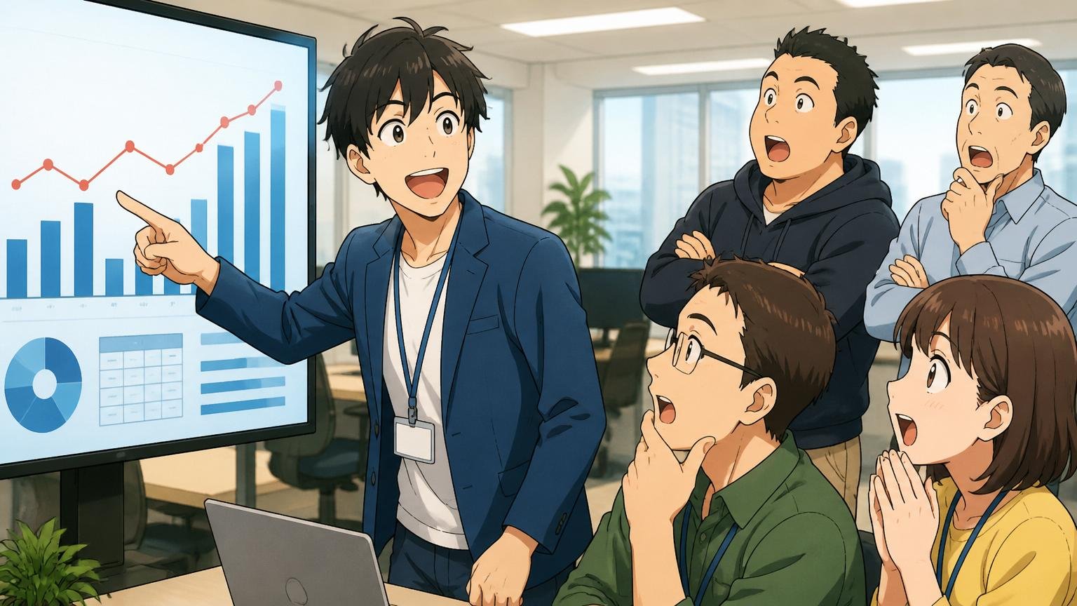 平均年収データを確認、IT企業のオフィスで30代男性、グラフを指差し説明