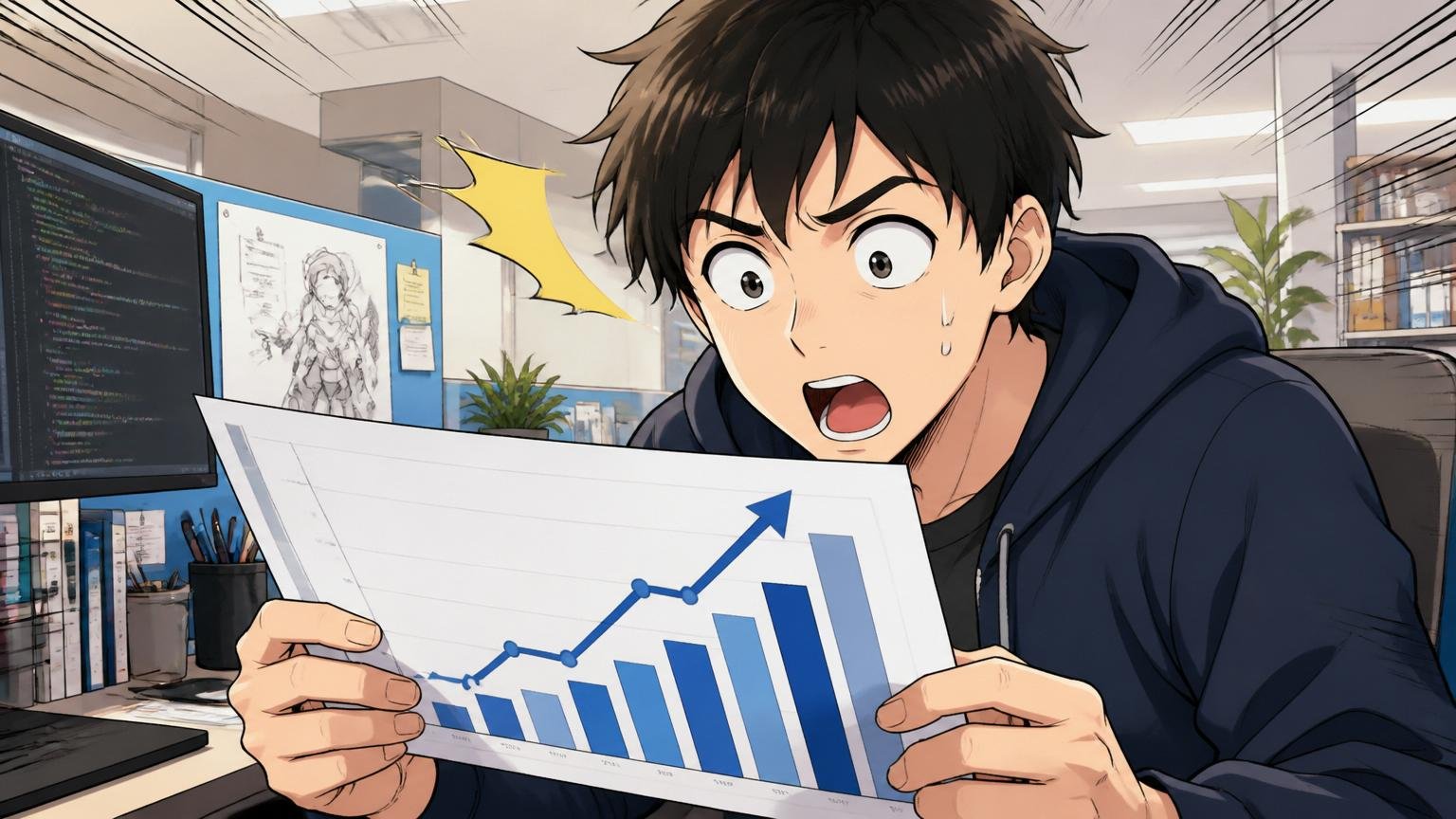 企業のオフィスで上昇していく平均年収のグラフ資料を見て驚く20代後半から30代のゲーム開発エンジニア1人