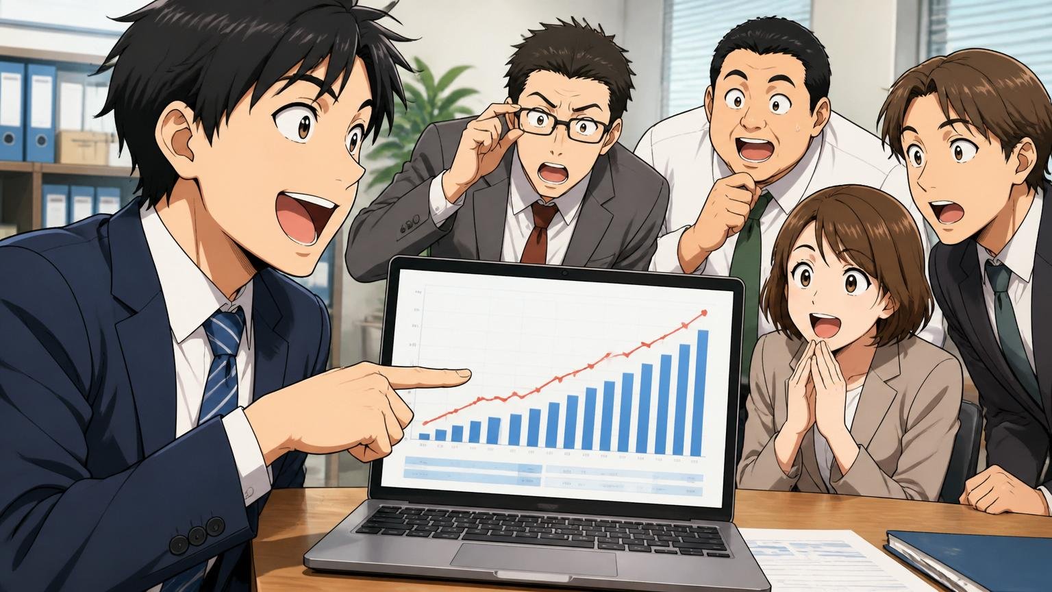 有価証券報告書ベースの平均年収推移。オフィスでノートPCのグラフを指さす男性社員