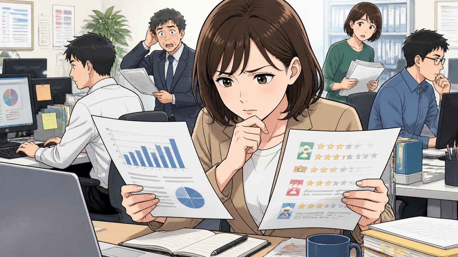 ADKの平均年収を公式データと口コミで確認する。広告代理店のデスクで資料を見比べる30代女性社員、考え込む表情