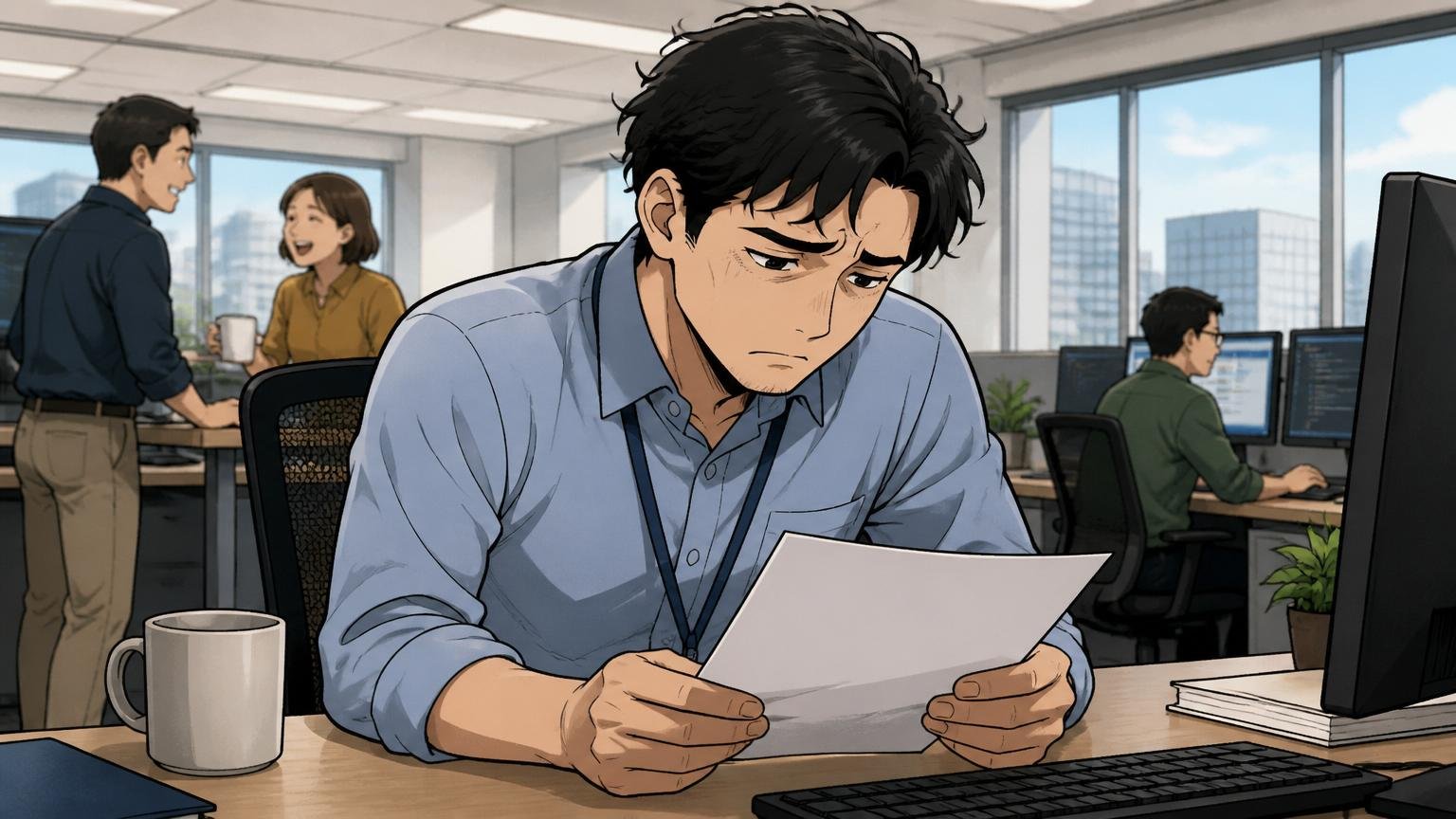 入社後の昇給率が低い。外資系IT企業のオフィスで30代男性社員1人が昇給通知を見て肩を落とす