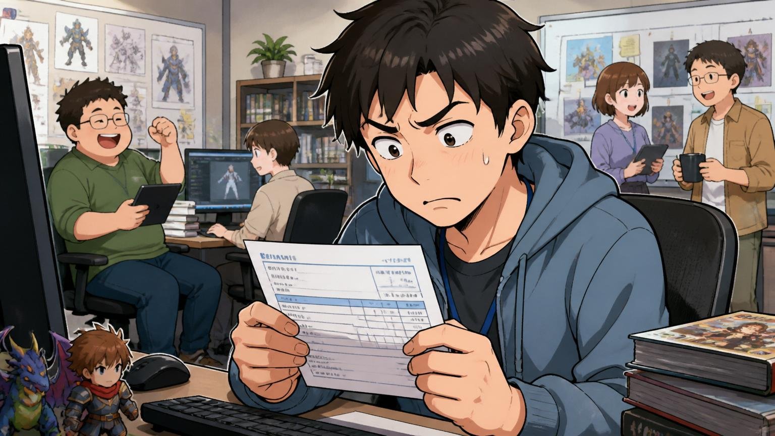 会社の稼ぎとの体感ギャップ。ゲーム会社のオフィスで男性社員1人が給与明細を見て複雑な表情