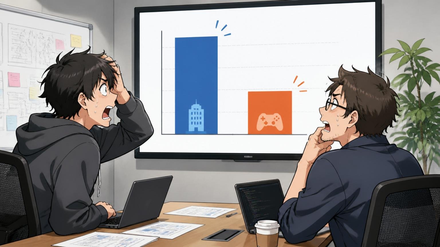 オフィスの会議室でモニターに映る年収比較グラフを見つめるゲーム業界のエンジニア2人