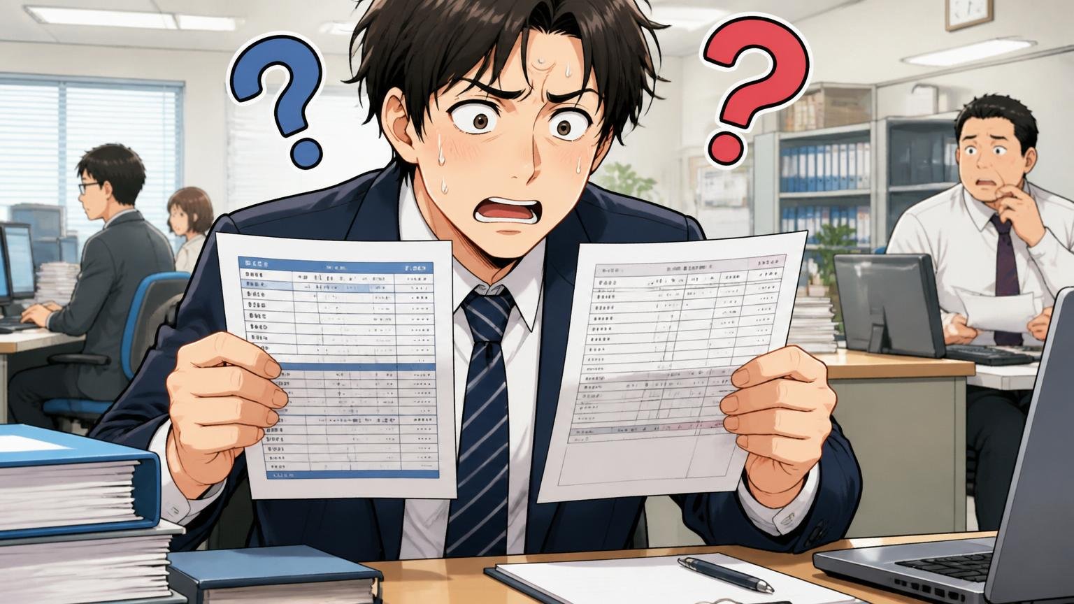 なぜ「公開数字」と「社員の実感」は200万円ずれるのか。オフィスで男性社員が2枚の給与明細を見比べ困惑