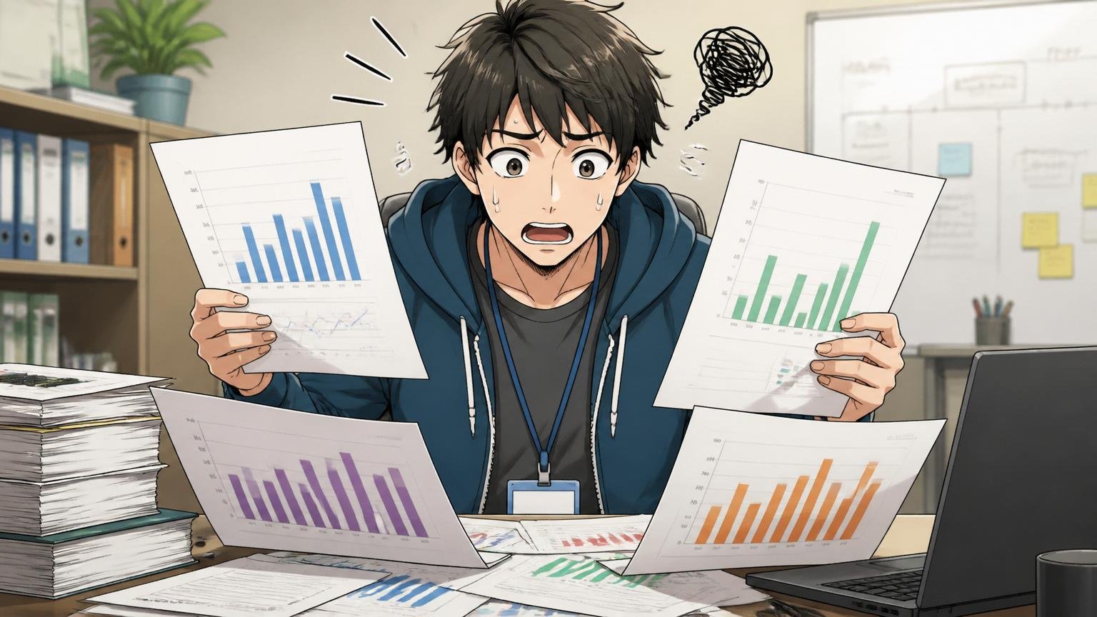 出典によって平均年収がこんなに違う オフィスで複数の年収資料を見比べて困惑する男性エンジニア1人
