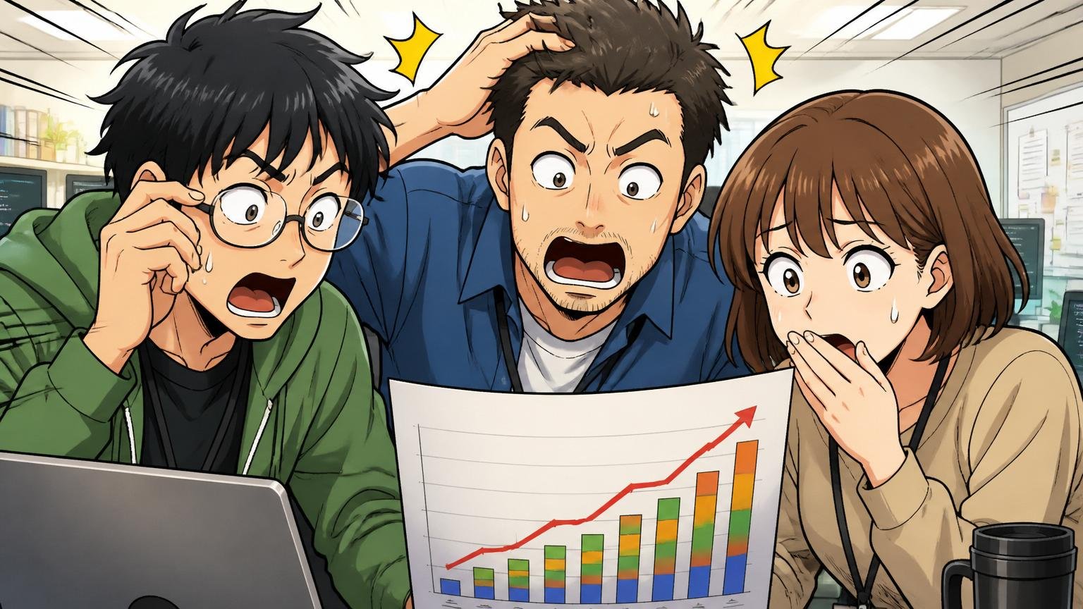 年代別に見る平均年収の上がり方。SIerの開発現場で3人のエンジニアが年代別の年収資料を見て驚いた表情を見せる