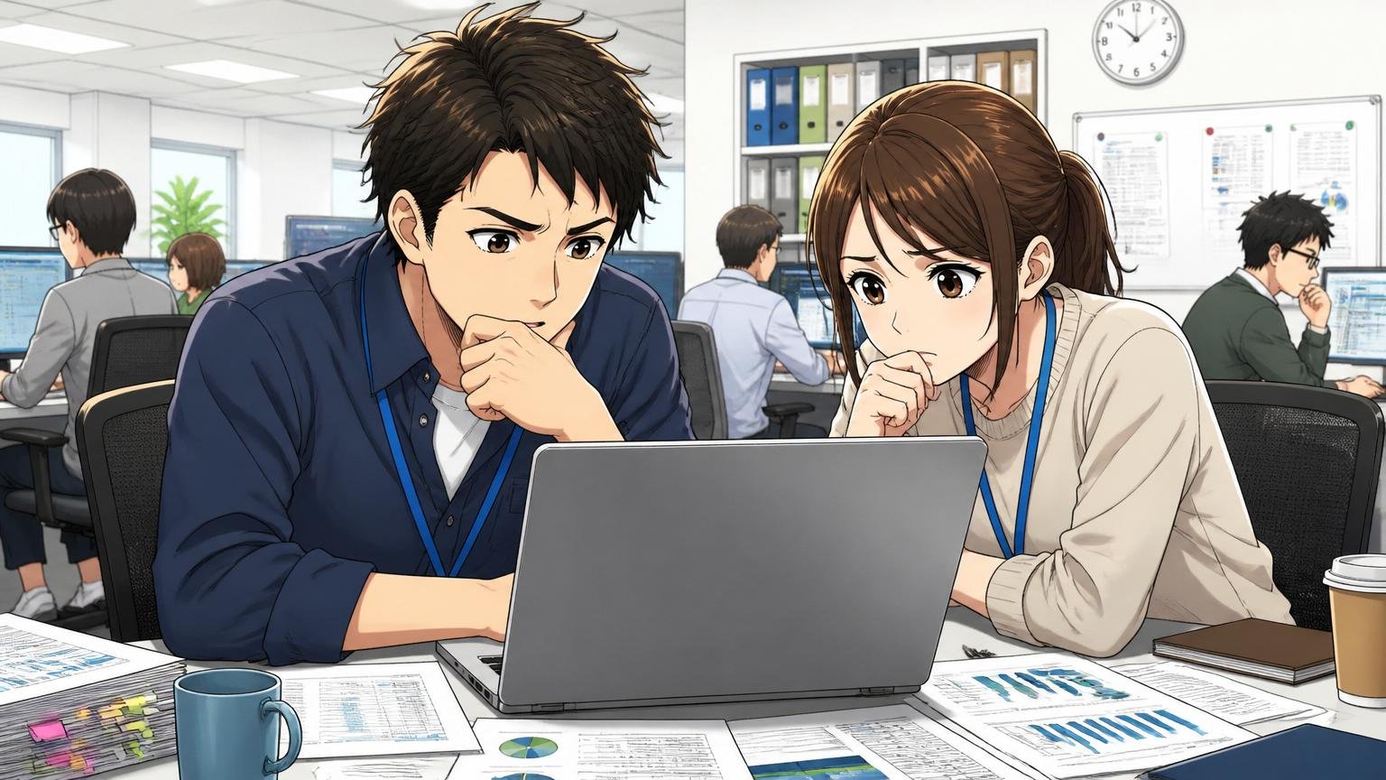 公開情報と口コミで見るインテックの平均年収。SIerのデスクでノートPCの年収データを真剣に見比べる男女エンジニア2人