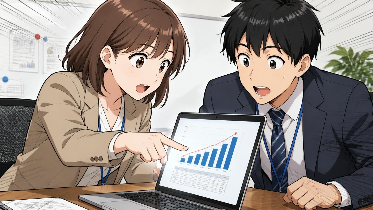 推定平均年収はいくらか確認する。SIerの会議室でノートPCの年収データを指さす30代女性エンジニアと若手男性
