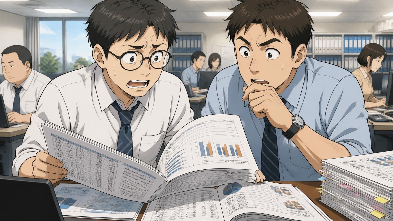 CIJの平均年収は約554万円。SIerのデスクで有価証券報告書の資料を広げて確認する男性社員2人