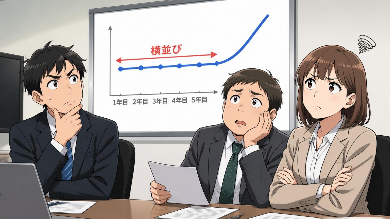 理由1年功序列カーブ5年目までは横並び SIerの会議室で給与制度の説明を聞く若手社員3人 納得と不満が混じる表情