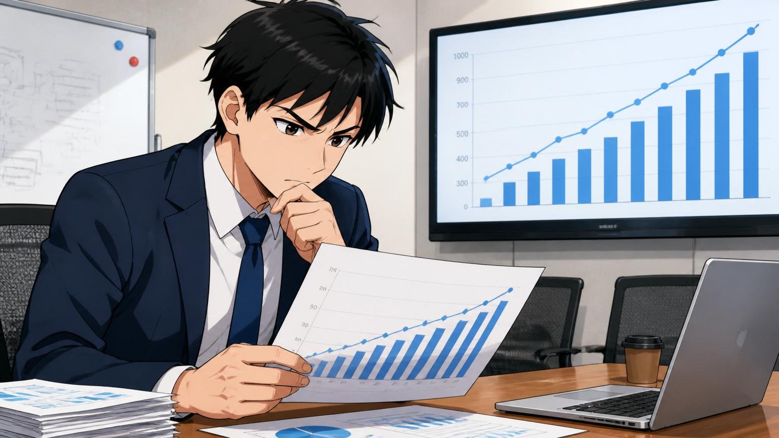 有価証券報告書で見る平均年収の推移。SIerの会議室で30代男性エンジニアがグラフ資料を真剣に見つめる