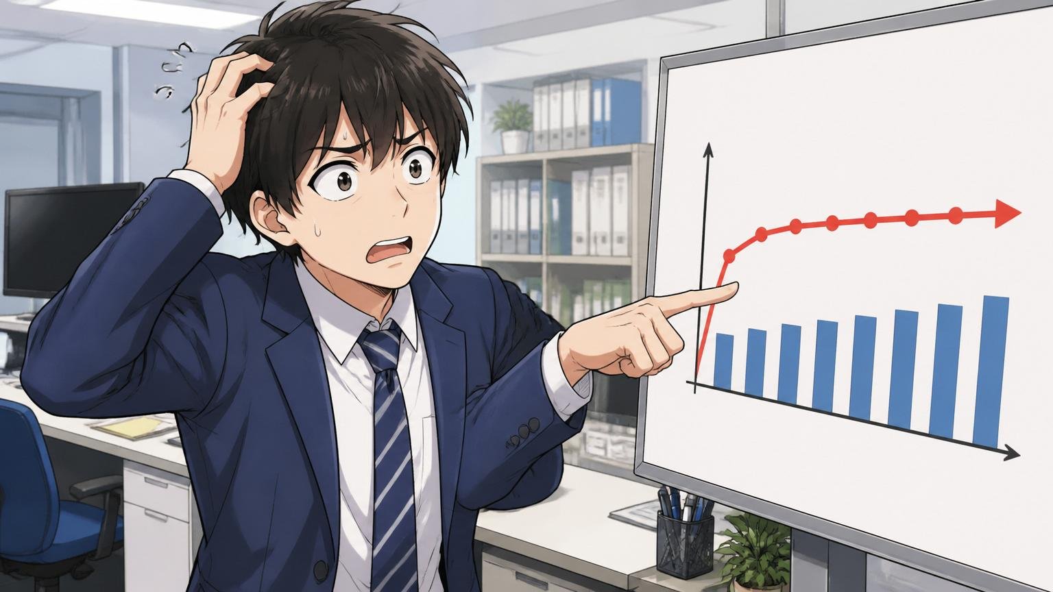 初任給は高いのに昇給カーブが緩い。SIerのオフィスで若手男性社員が伸び悩む給与グラフを指して困惑