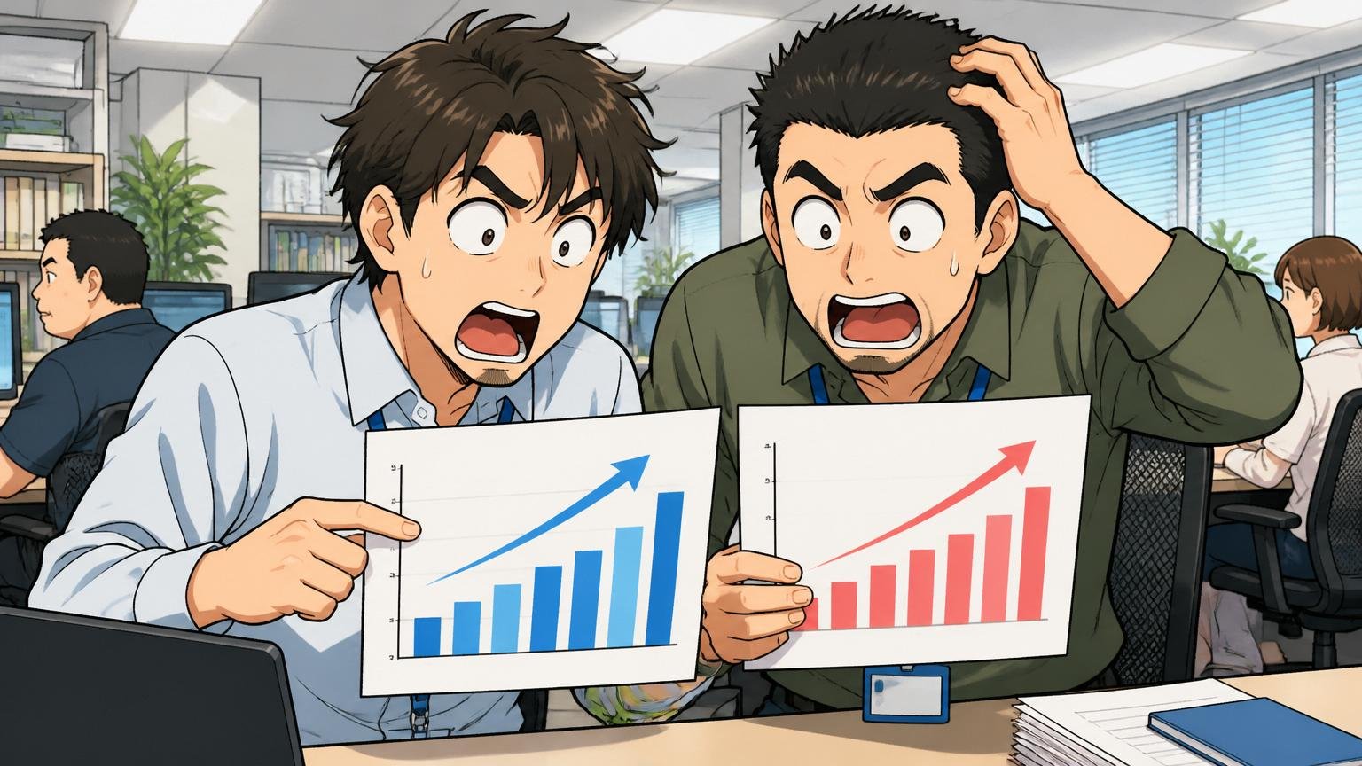 ゲーム業界はIT業界より給与水準が低めという構造。IT企業のオフィスで2つの給与グラフを見比べる男性社員2人