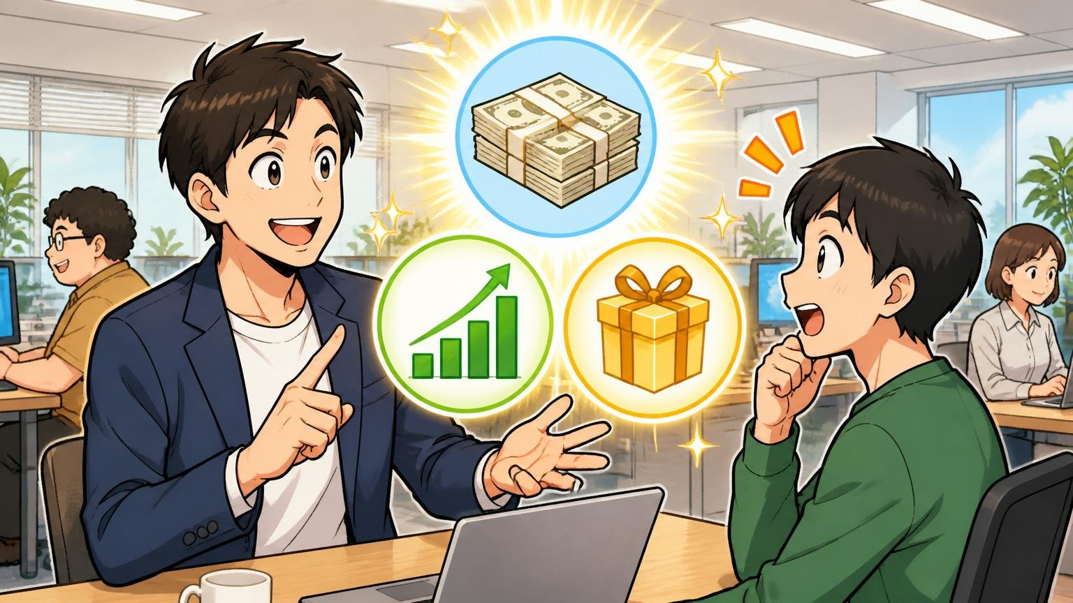 報酬は基本給＋RSU＋サインオンの3本柱。Web系企業のオフィスで先輩が若手に説明する2人