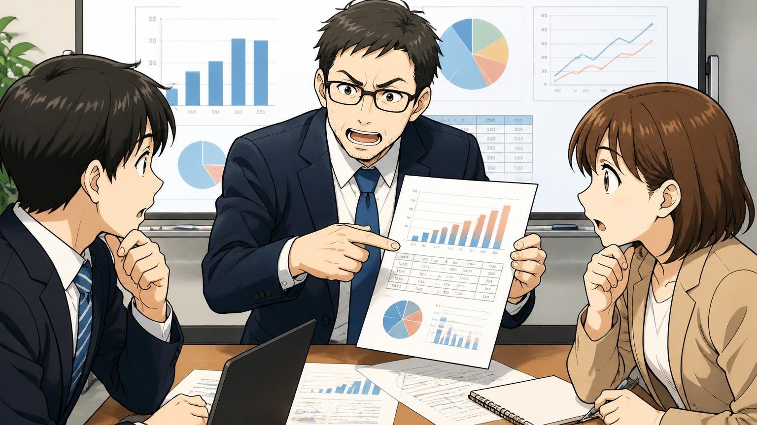 有価証券報告書の平均年収は誰の数字なのか。会議室で資料を指さし説明する中堅男性と聞く若手2人