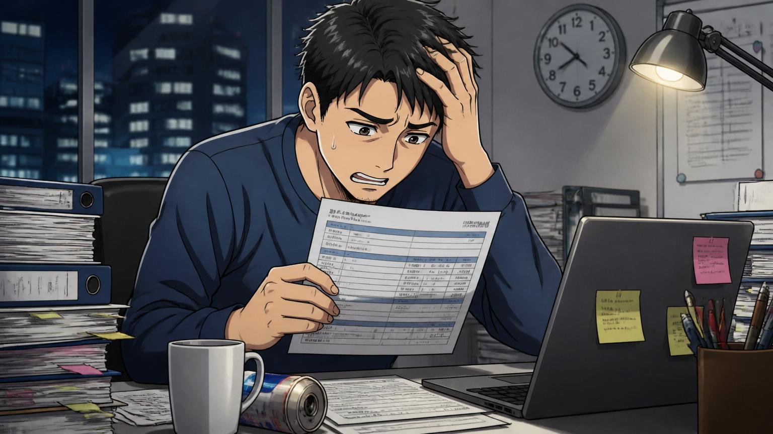 基本給が低く残業代と賞与に年収が依存。深夜のオフィスで残業しながら給与明細を見る30代の男性エンジニア1人