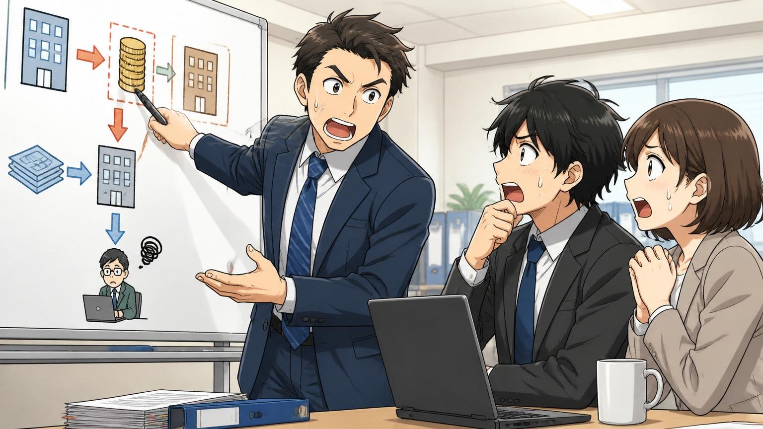 SES・派遣には中間マージンが発生する。オフィスで給与の仕組みを指し示す先輩男性と若手2人