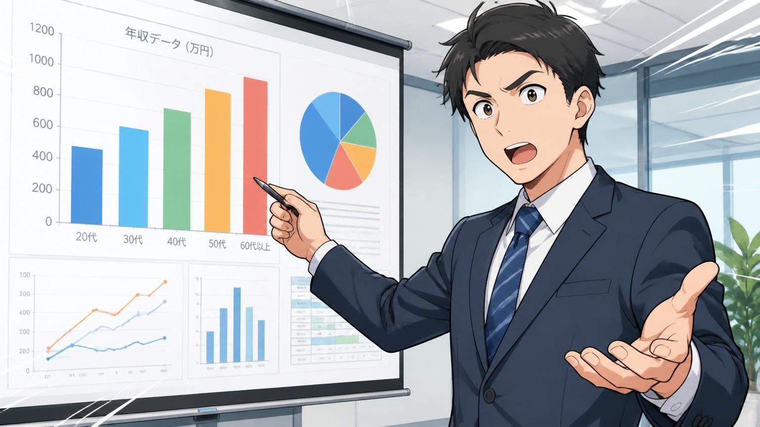企業の会議室で決算資料のグラフを指しながら年収データを説明するスーツ姿の男性1人