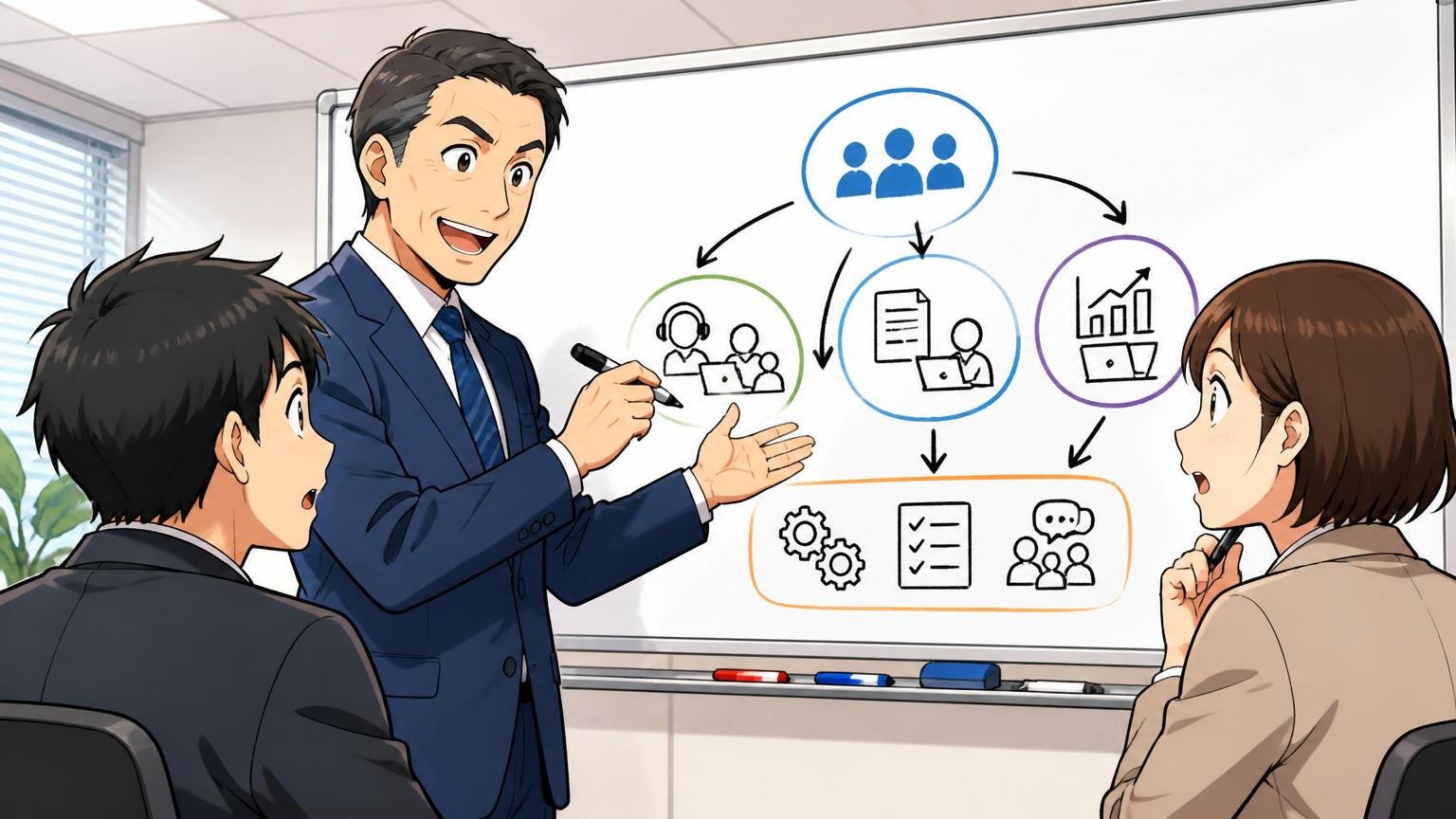 BPO中心の事業構造。オフィスでホワイトボードに事業の図を描いて説明する40代男性社員と聞く若手社員2人