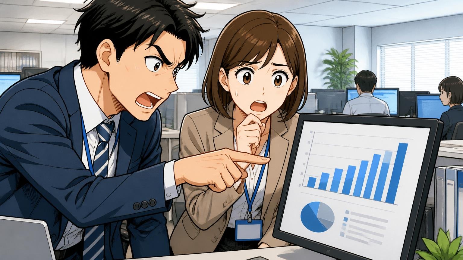 平均年収961万円に違和感を抱く理由。SIerのオフィスでPC画面の年収グラフを指差して話す男女2人