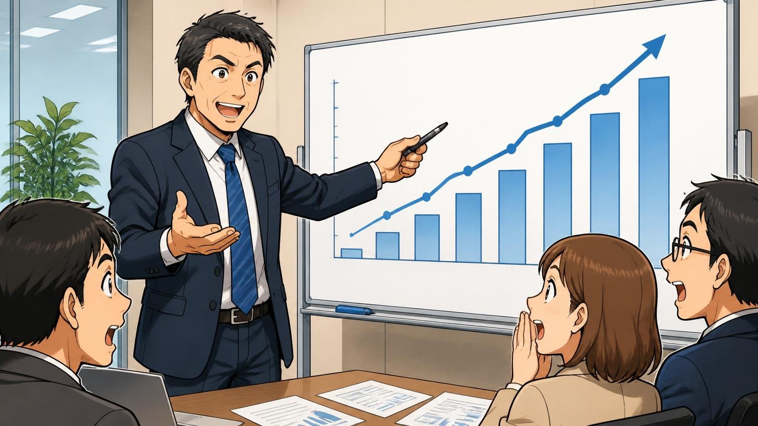 KDDIの平均年収は1018万円 まずは推移を見る 企業の会議室で 40代男性が1人 ホワイトボードの年収グラフを指し示して説明する