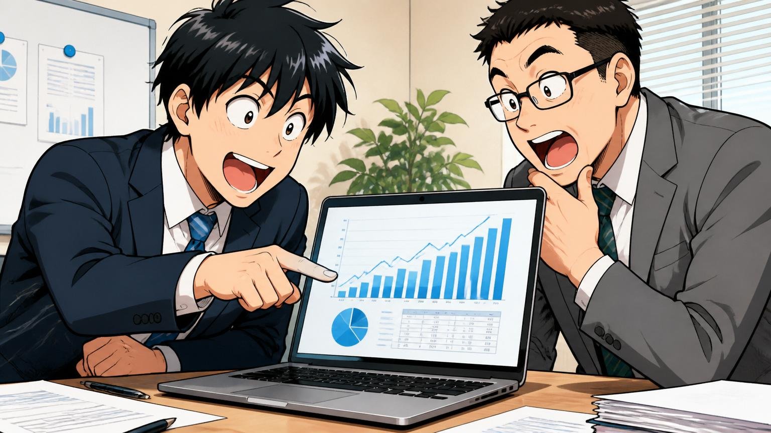 「有価証券報告書で見る富士ソフトの平均年収」会議室でノートPCのグラフを指さす男性社員2人