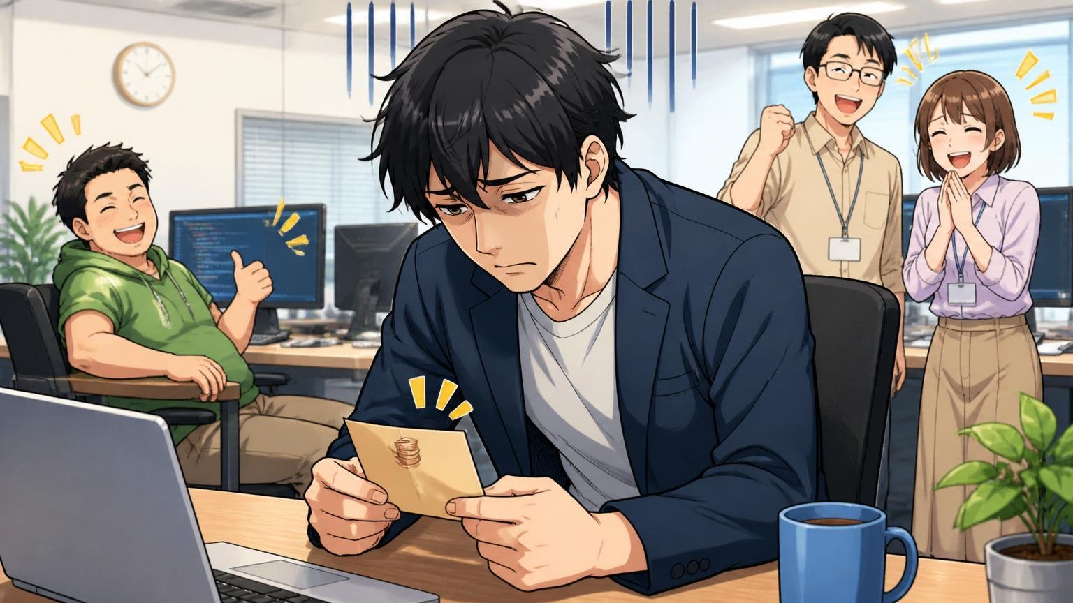 基本給が上がりにくい構造。Web系企業のオフィスで男性社員が昇給額の少なさに肩を落とす