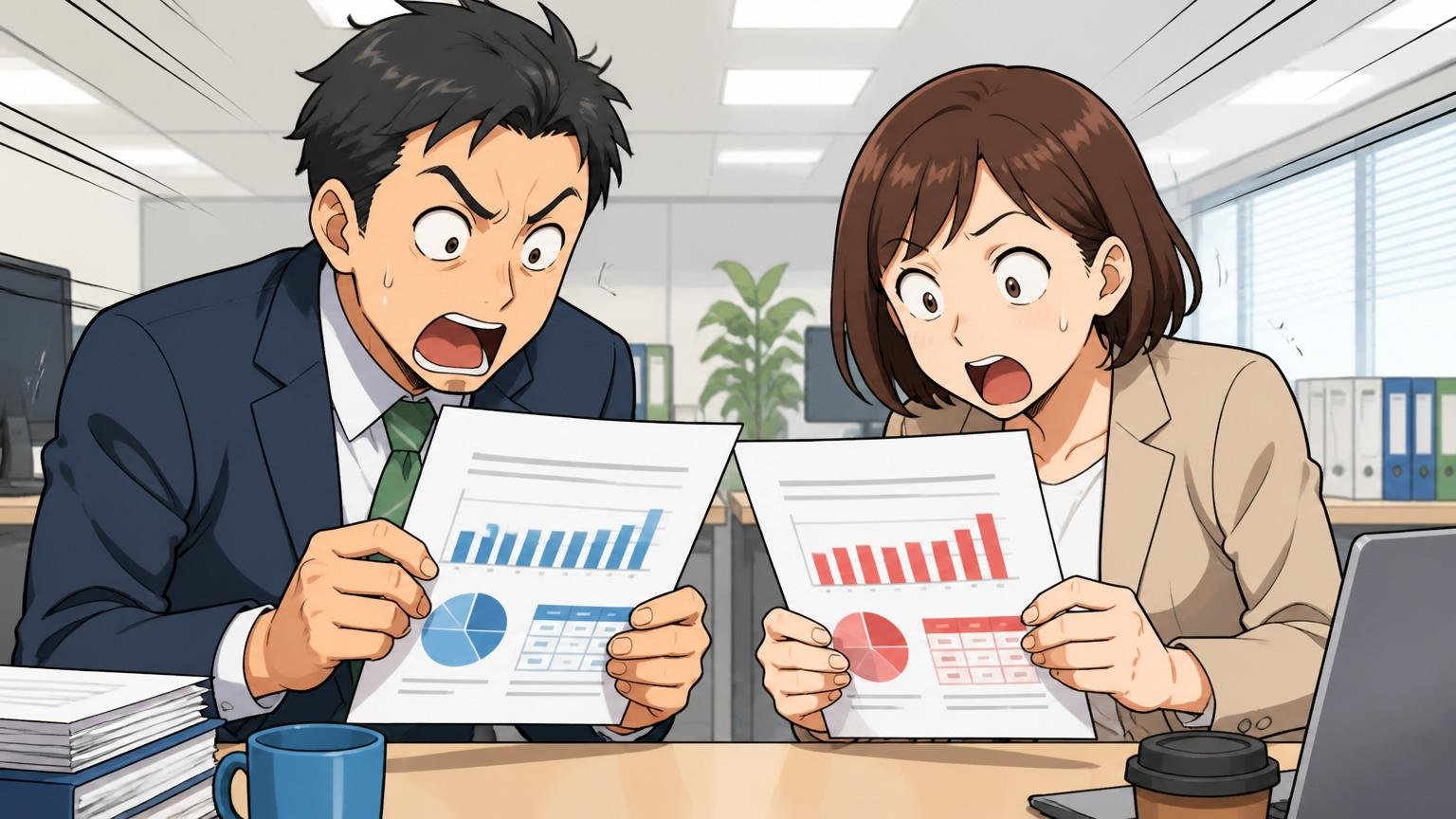 まず整理「リコー」と「リコージャパン」の年収は別物。オフィスで2人の会社員が2枚の資料を見比べて驚く