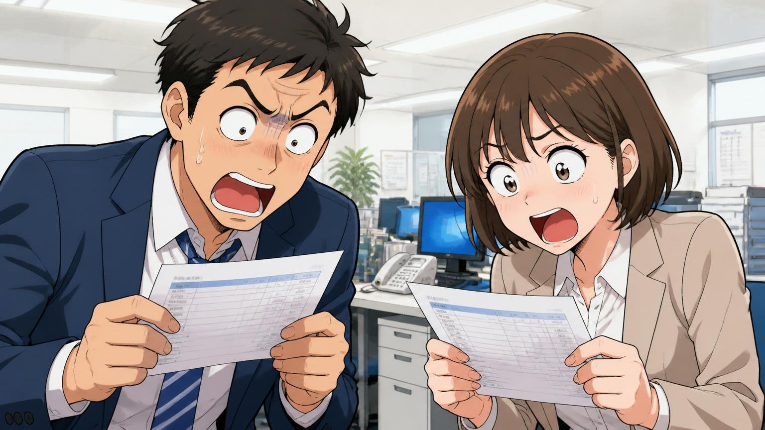 基本給が低く残業代と賞与で組み立てる給与体系。通信会社のオフィスで給与明細を見比べる社員2人
