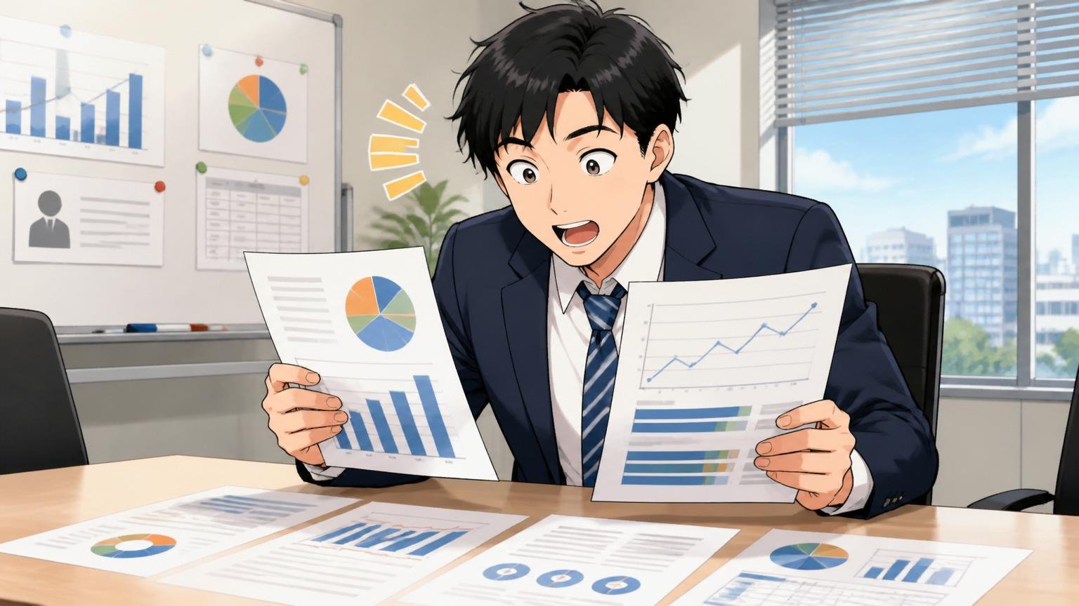 アズビルの平均年収や労働環境のデータ。会議室で30代男性社員が資料を広げ感心した表情を見せる