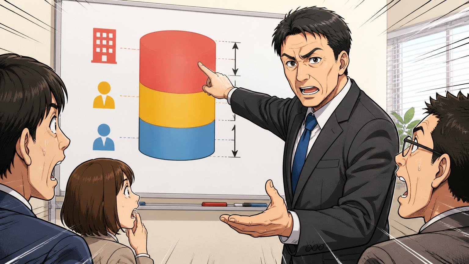 派遣会社の取り分マージン率が高い オフィスで派遣の給与構造の図を指さす40代男性 真剣な表情