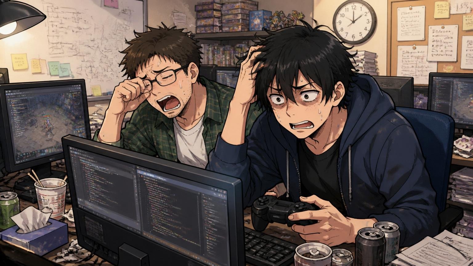 ゲーム会社の開発現場で深夜まで品質チェックに追われる2人のエンジニアの疲弊した表情