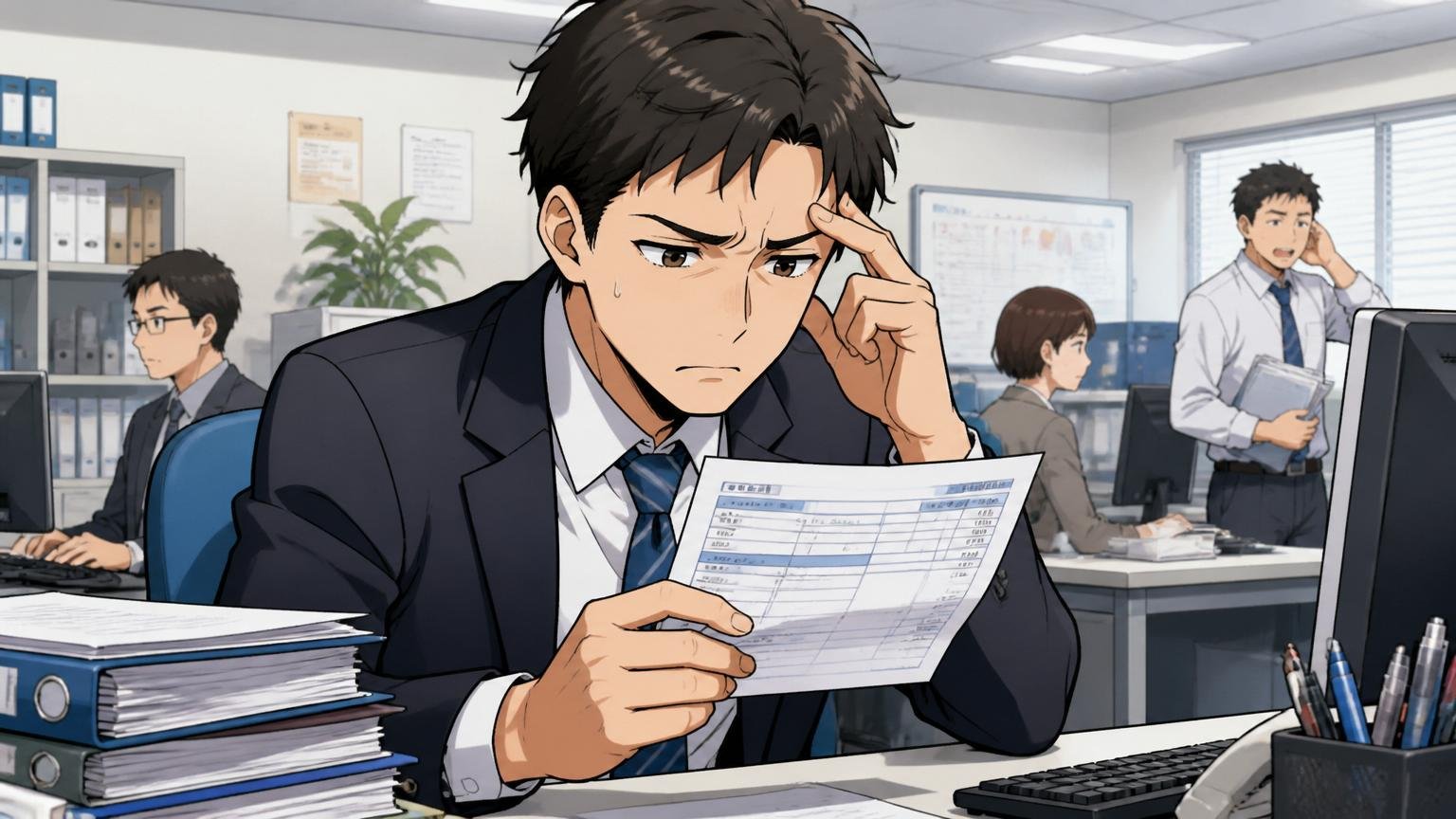 給与の頭打ち感と評価制度の不透明さ。SIerオフィスで、30代男性社員1人が給与明細を見て眉をひそめる