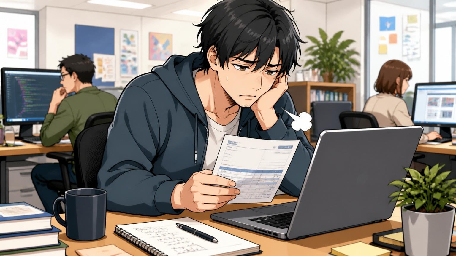 Web系広告代理店のオフィスで30代男性エンジニアが給与明細とノートPCを見比べため息をつく瞬間