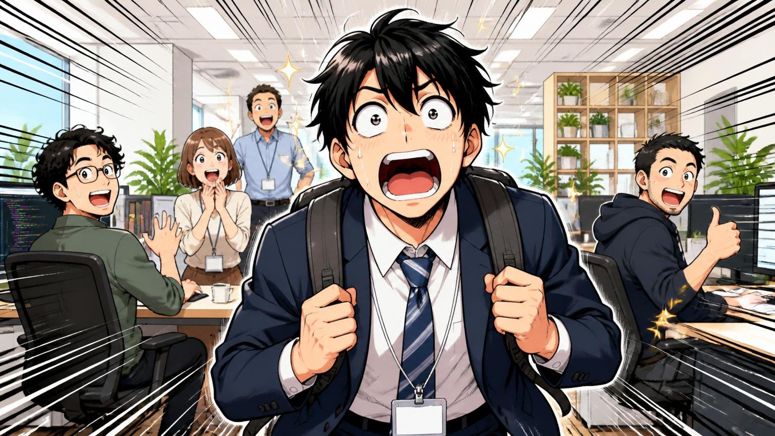 Web系メガベンチャーのオフィス。30代男性エンジニア1人。新しい職場で初出社の緊張と期待をオーバーリアクションで表現