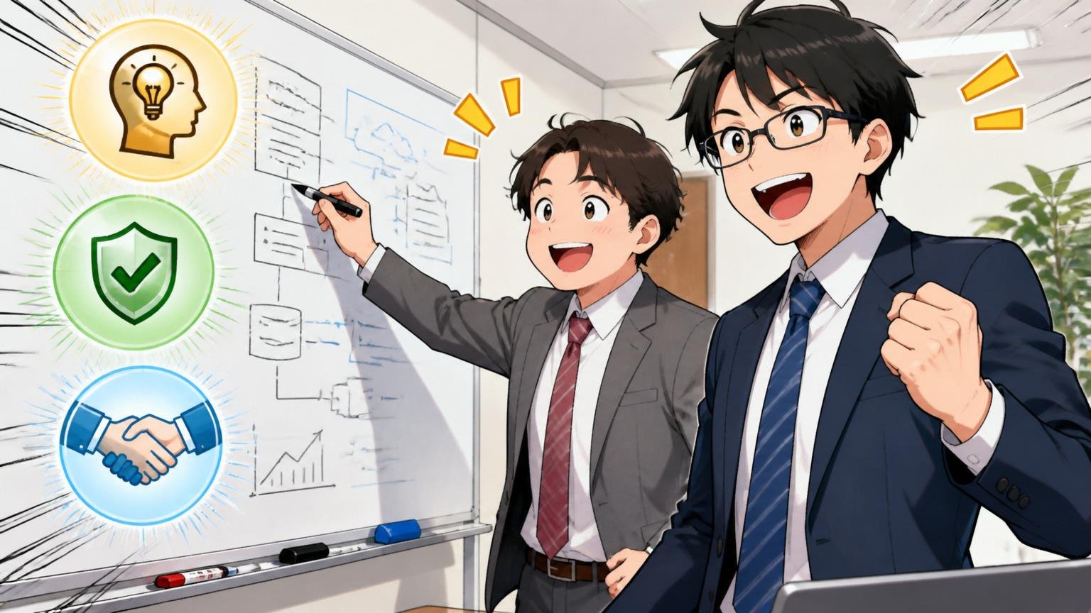 SHIFT経験者が持っている市場で評価される3つの強み、企業の会議室でホワイトボードに業務スキルを書き出すスーツ姿のエンジニア2人、自信を取り戻した笑顔