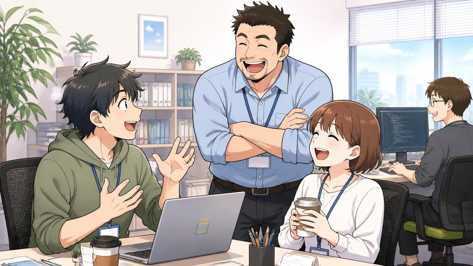 明るいオフィスで穏やかに談笑するIT企業の社員たち。健全な働き方の象徴シーン