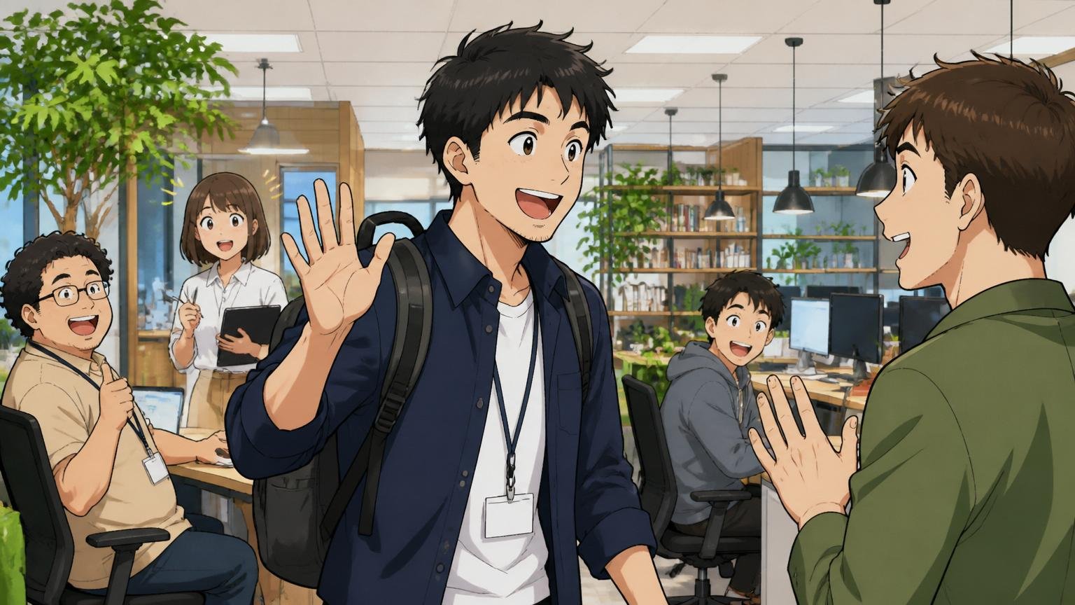 メガベンチャー（メルカリ／freee／ZOZO／LINEヤフー等）。Web系メガベンチャーの広いオフィスで、30代男性エンジニアが新しい環境のメンバーと笑顔で挨拶を交わしている
