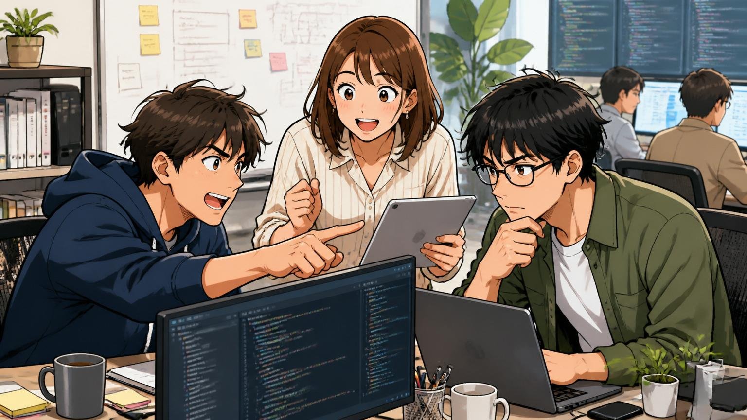 自社開発企業の開発現場｜Web系スタートアップのオフィスで集中して自社プロダクトを開発する20代後半男性エンジニア2人と女性プロダクトマネージャー1人