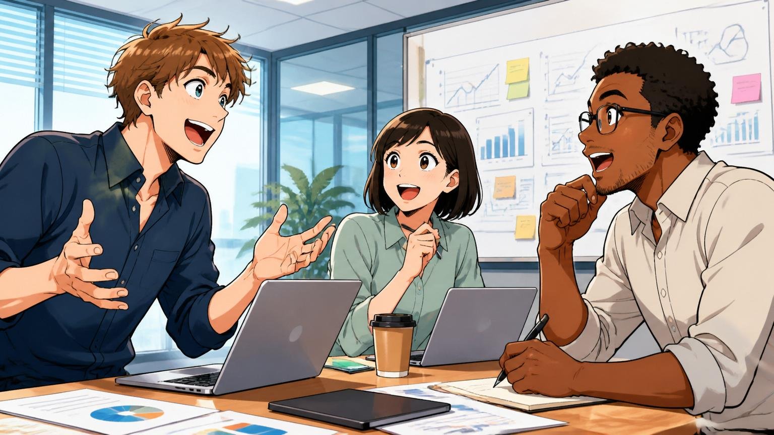 外資系IT企業のオフィスで英語ミーティング中のグローバルチーム3人