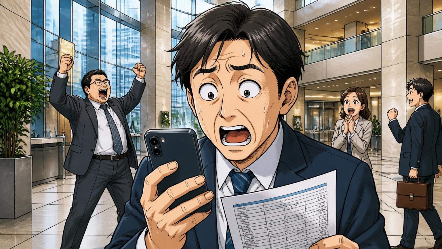 平均年収1028万円という事実を見せるSIerの本社ビルロビーで40代男性SEが給与明細をスマホで確認