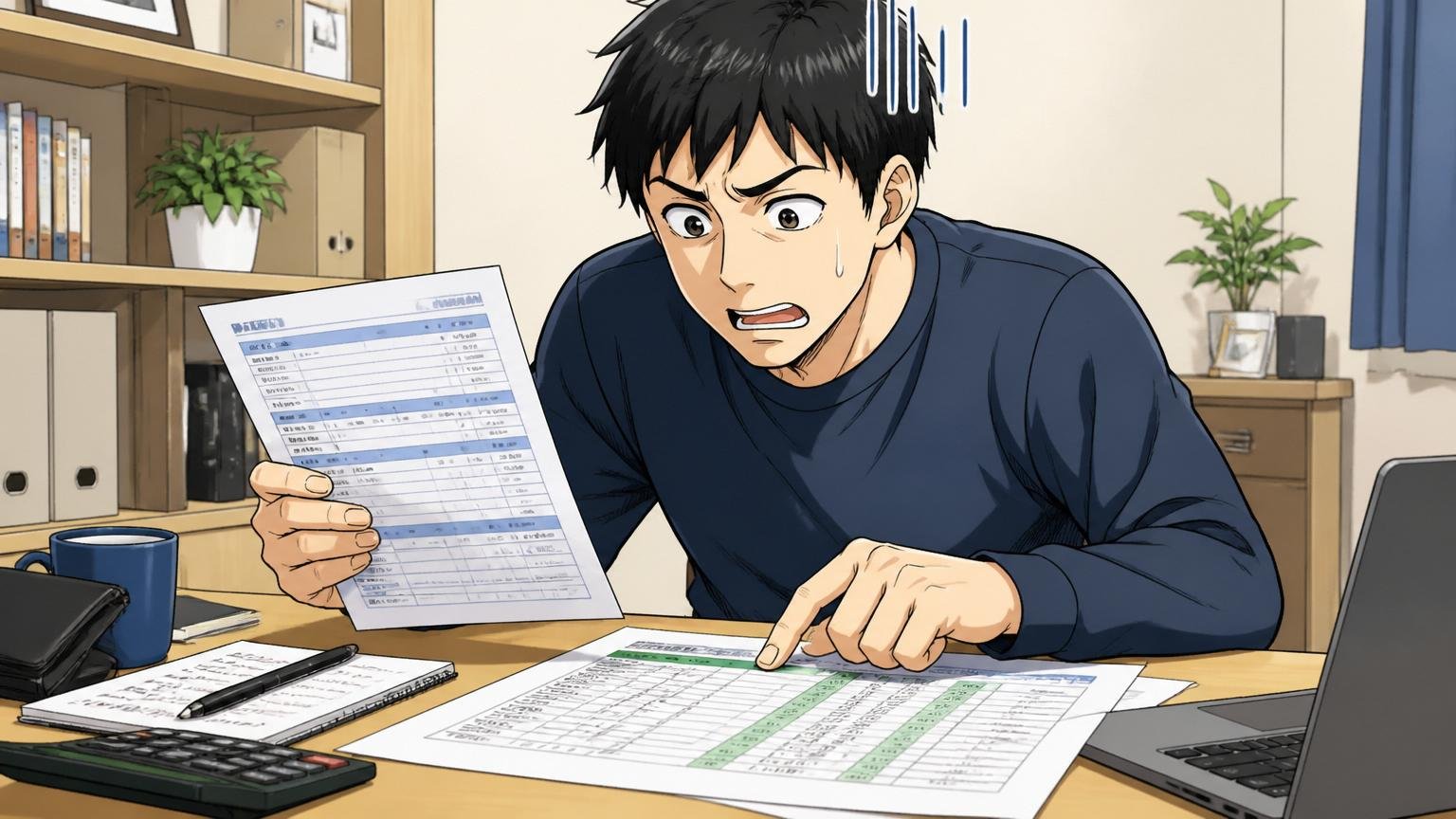 悩み①:賞与依存の給与体系で同年代と差がついていく不安。自宅のデスクで30代男性が給与明細とエクセル家計簿を並べて見比べる